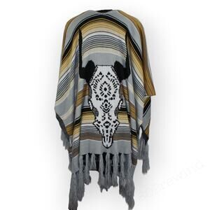 Leto Boho Steer Skull Festival Poncho Abstract Desert Western Striped OS